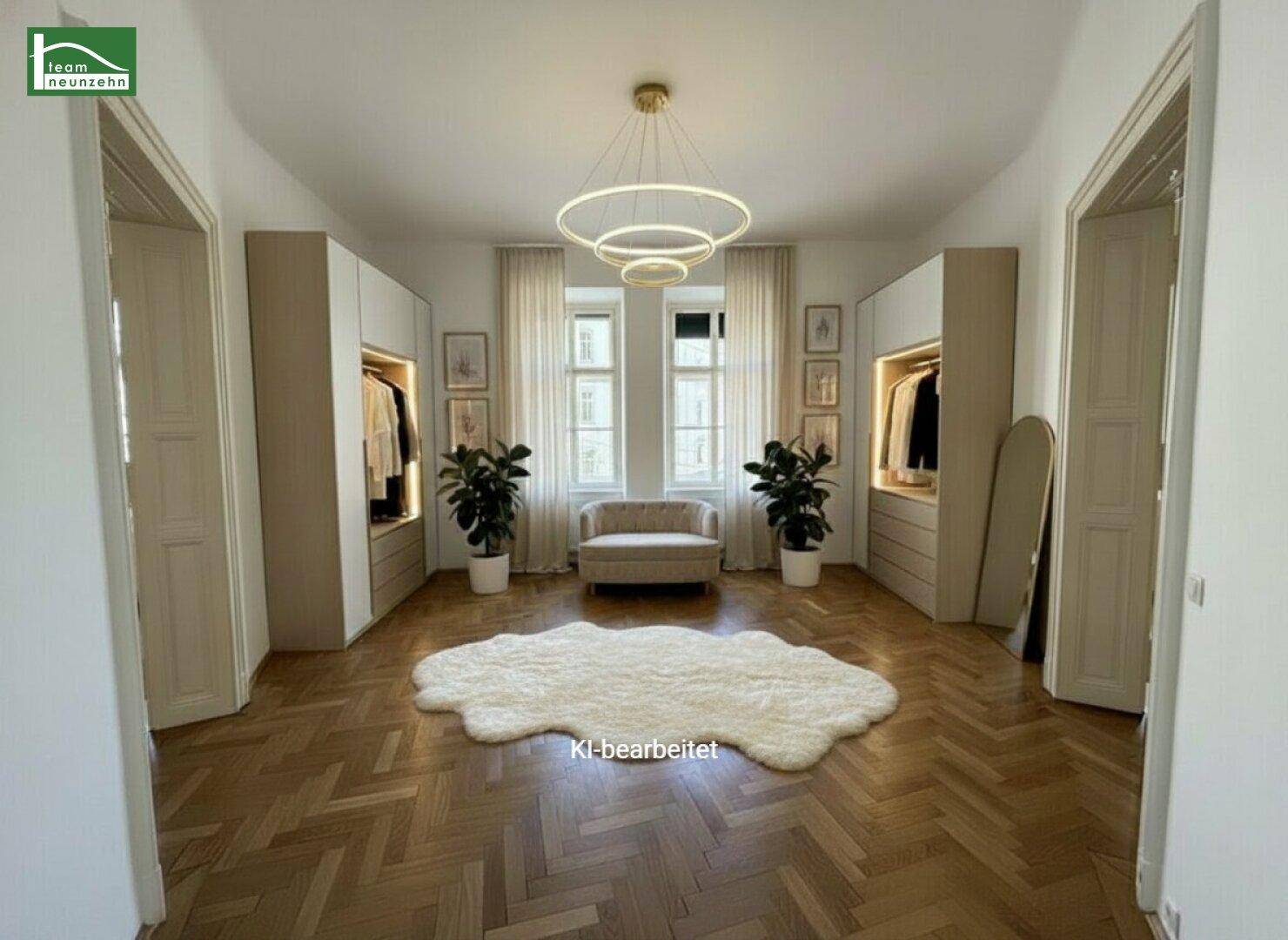 Elegantes Ankleidezimmer mit Einbauschränken, Fischgrätparkett und flauschigem Teppich.