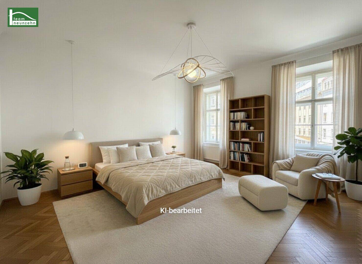 Helles Schlafzimmer mit Doppelbett, Fischgrätparkett und großem Bücherregal, modern eingerichtet.