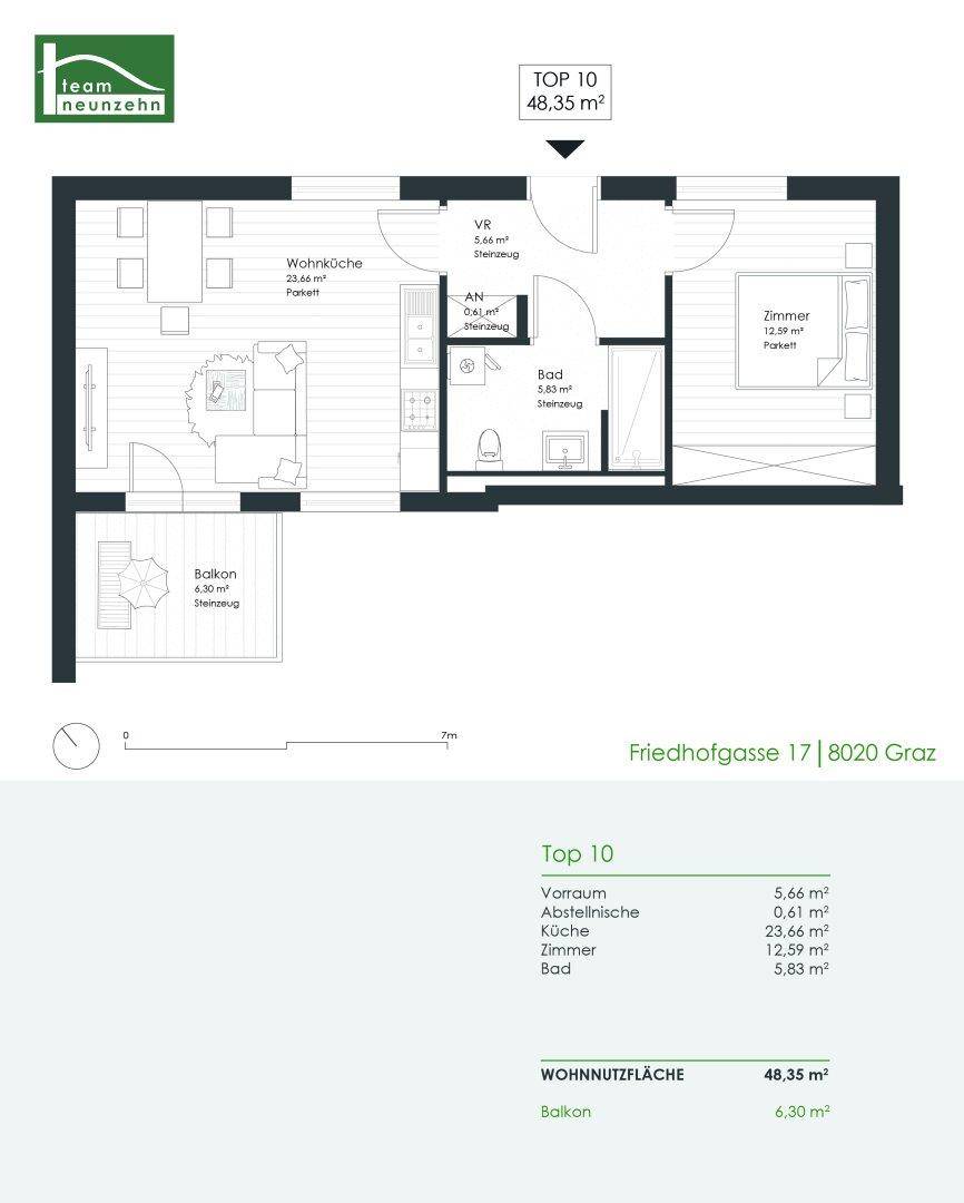 Grundriss einer Wohnung mit offenem Wohn- und Kochbereich, einem Schlafzimmer, Bad und Balkon.