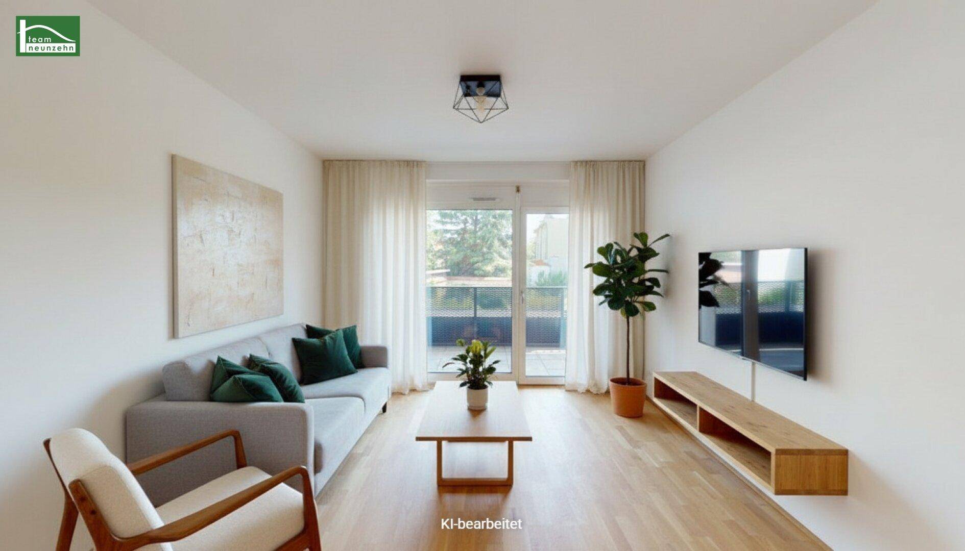 Modern eingerichtetes Wohnzimmer mit Holzboden und Zugang zum Balkon, hell und freundlich gestaltet.