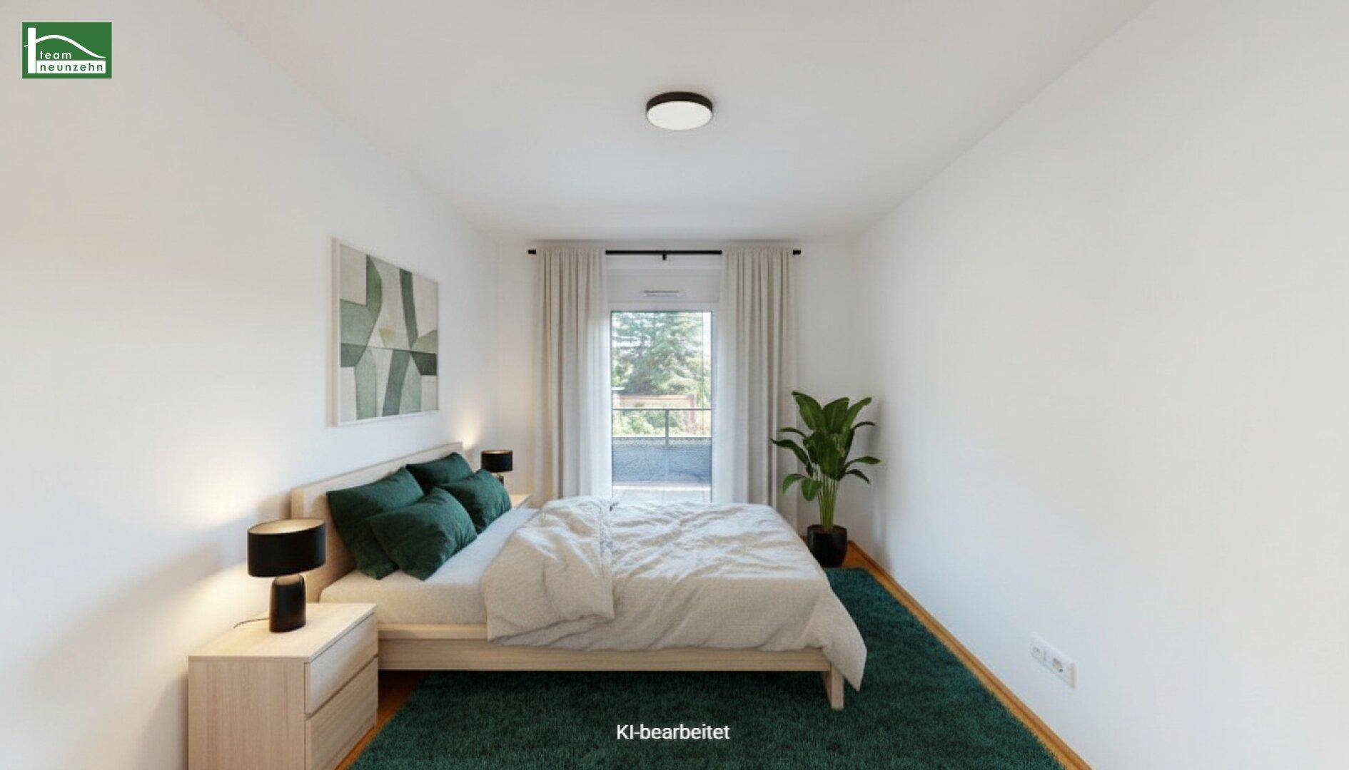 Modern eingerichtetes Schlafzimmer mit Holzboden, Teppich und Zugang zum französischen Balkon.