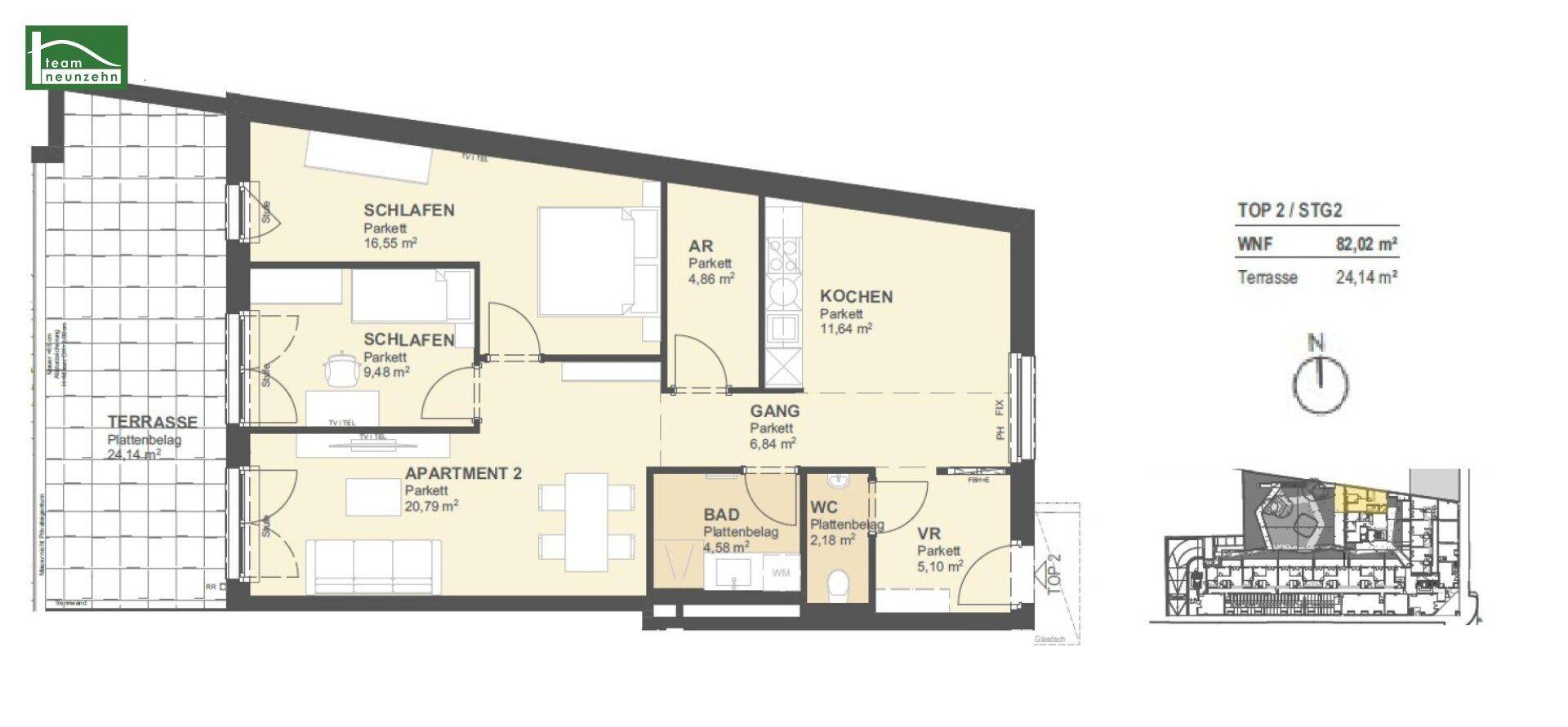 Übersichtlicher Grundriss der Wohnung TOP 2 mit zwei Schlafzimmern, einem Bad und großzügiger Terrasse.