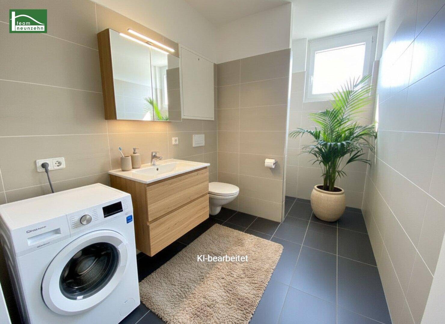 Virtuell inszeniertes Badezimmer mit Waschmaschine, modernem Waschtisch und Fenster.