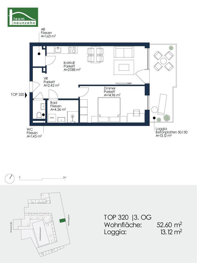 Grundriss einer Wohnung mit Wohnzimmer, Schlafzimmer, Bad und Loggia.