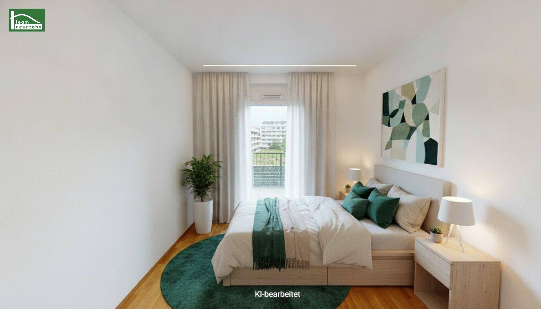 Modernes Schlafzimmer mit Doppelbett, Nachttischen und Zugang zu einem Balkon.