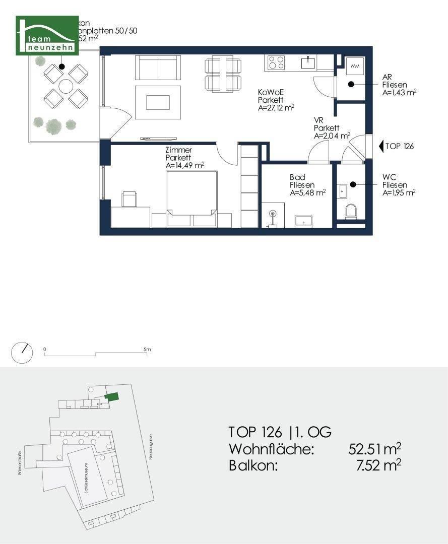 Detaillierter Grundriss der Wohnung mit Raumaufteilung und Balkon.