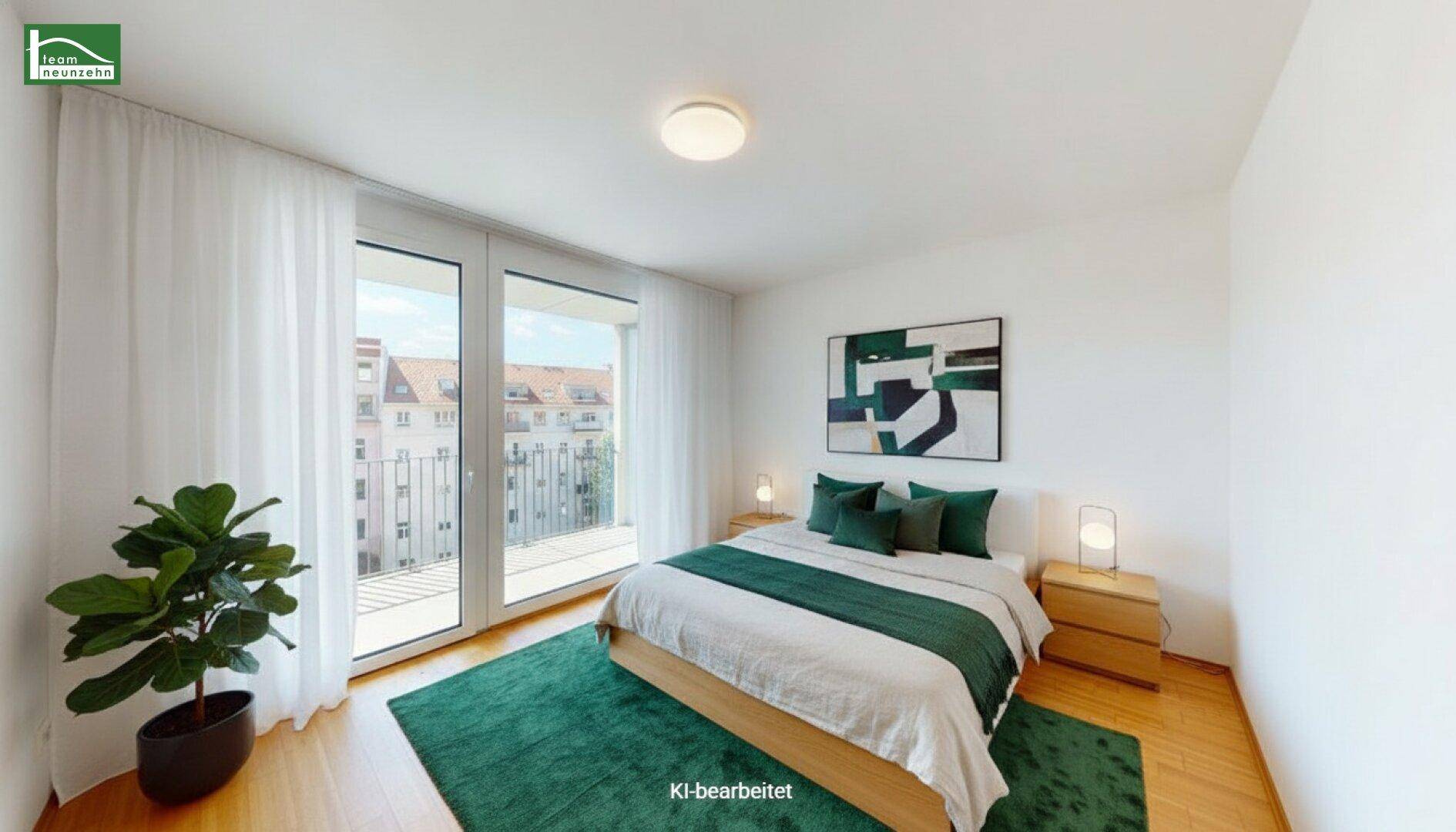 Modern eingerichtetes Schlafzimmer mit Doppelbett, grünen Akzenten und Balkonzugang.