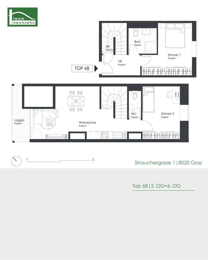 Grundriss der Maisonette-Wohnung TOP 68 über zwei Etagen mit Loggia und zwei Bädern.