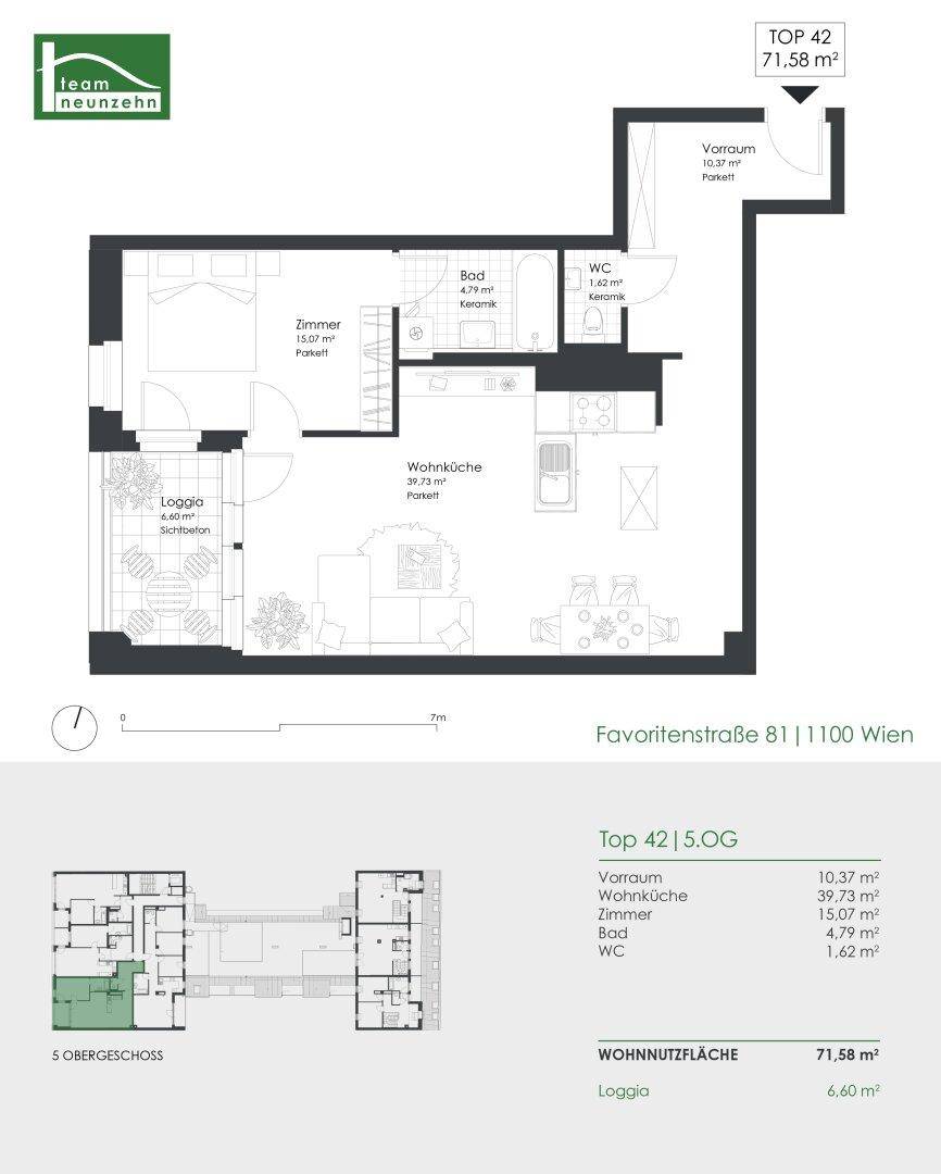 Grundriss der Wohnung Top 42 im 5. Obergeschoss mit Loggia und 71,58 m² Wohnnutzfläche.