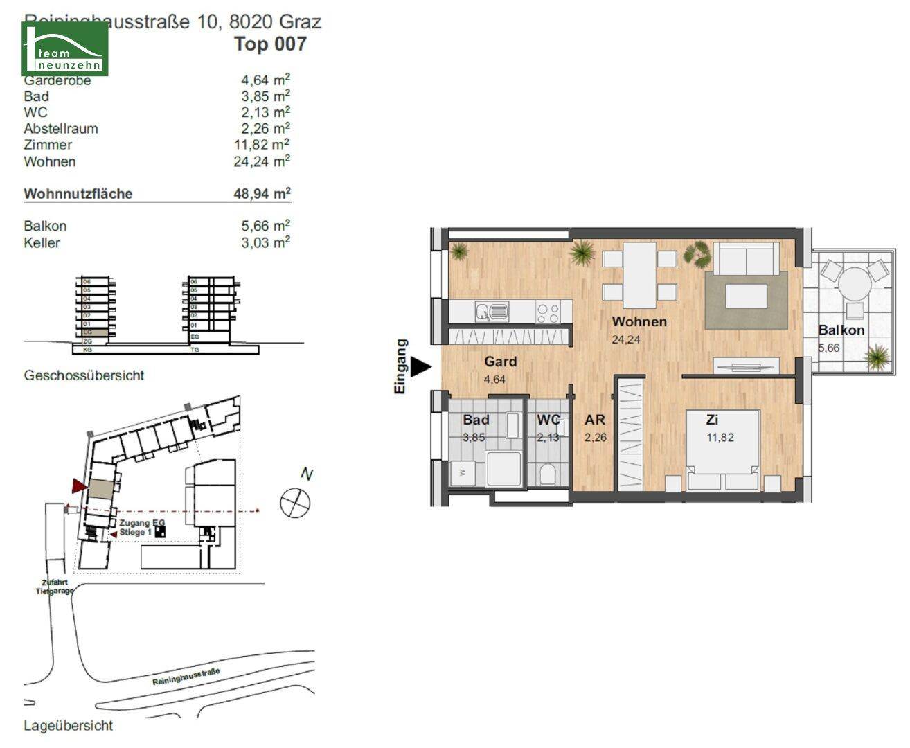 Grundriss einer Wohnung mit offenem Wohnbereich, Schlafzimmer, Bad, separatem WC und Balkon.