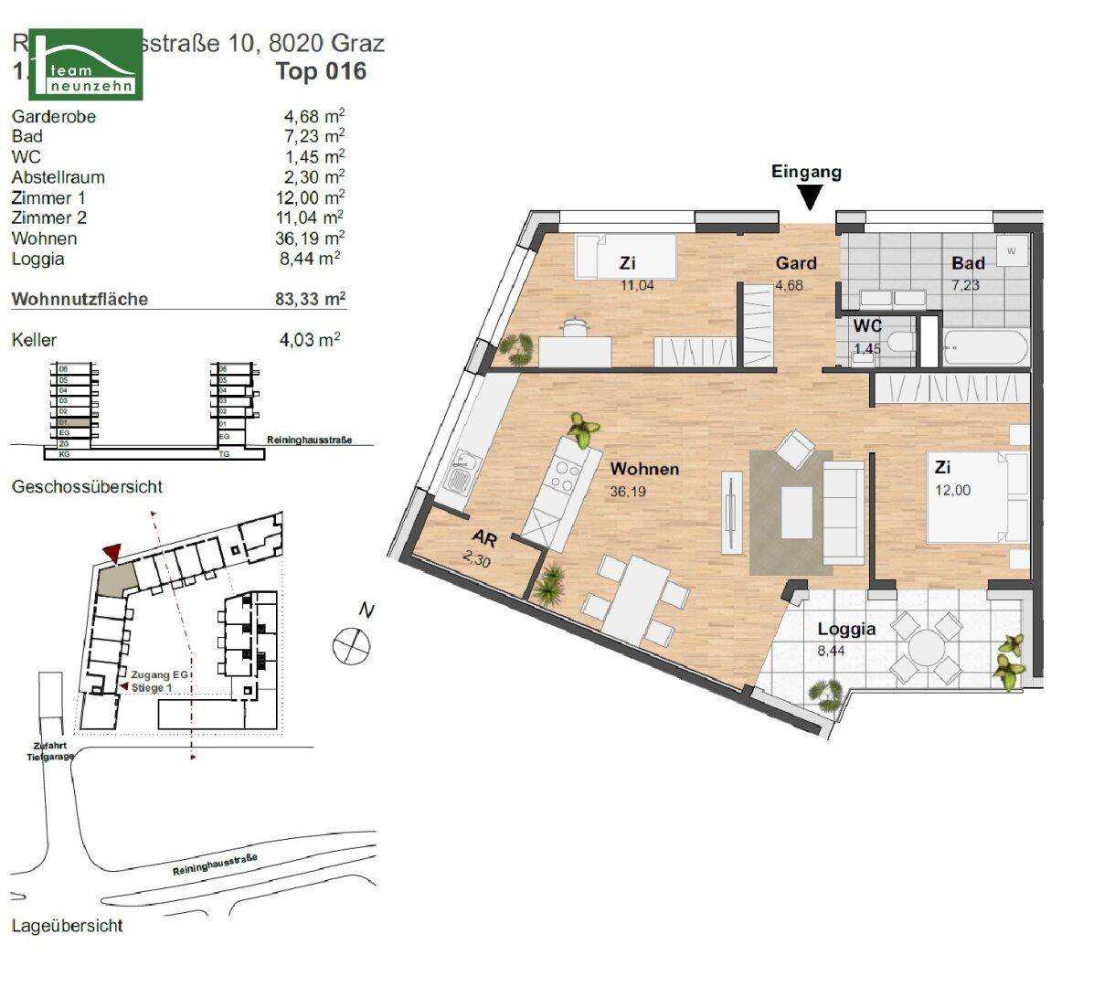 Grundriss einer modernen Wohnung mit offenem Wohnbereich, zwei Schlafzimmern, Bad, separatem WC und Loggia.
