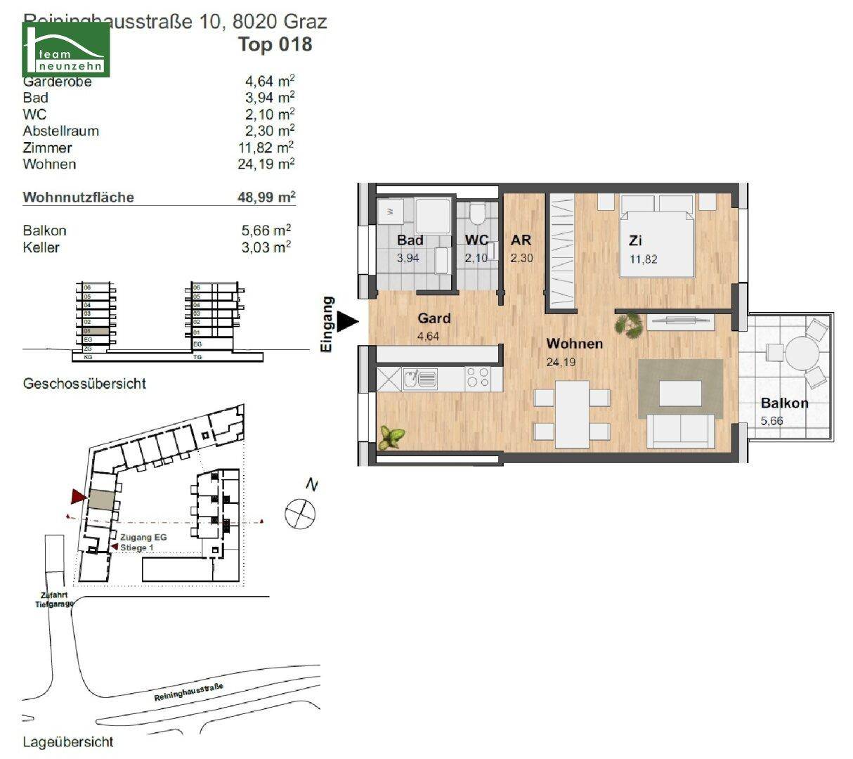 Grundriss einer Wohnung mit offenem Wohnbereich, einem Schlafzimmer, Bad, separatem WC und Balkon.