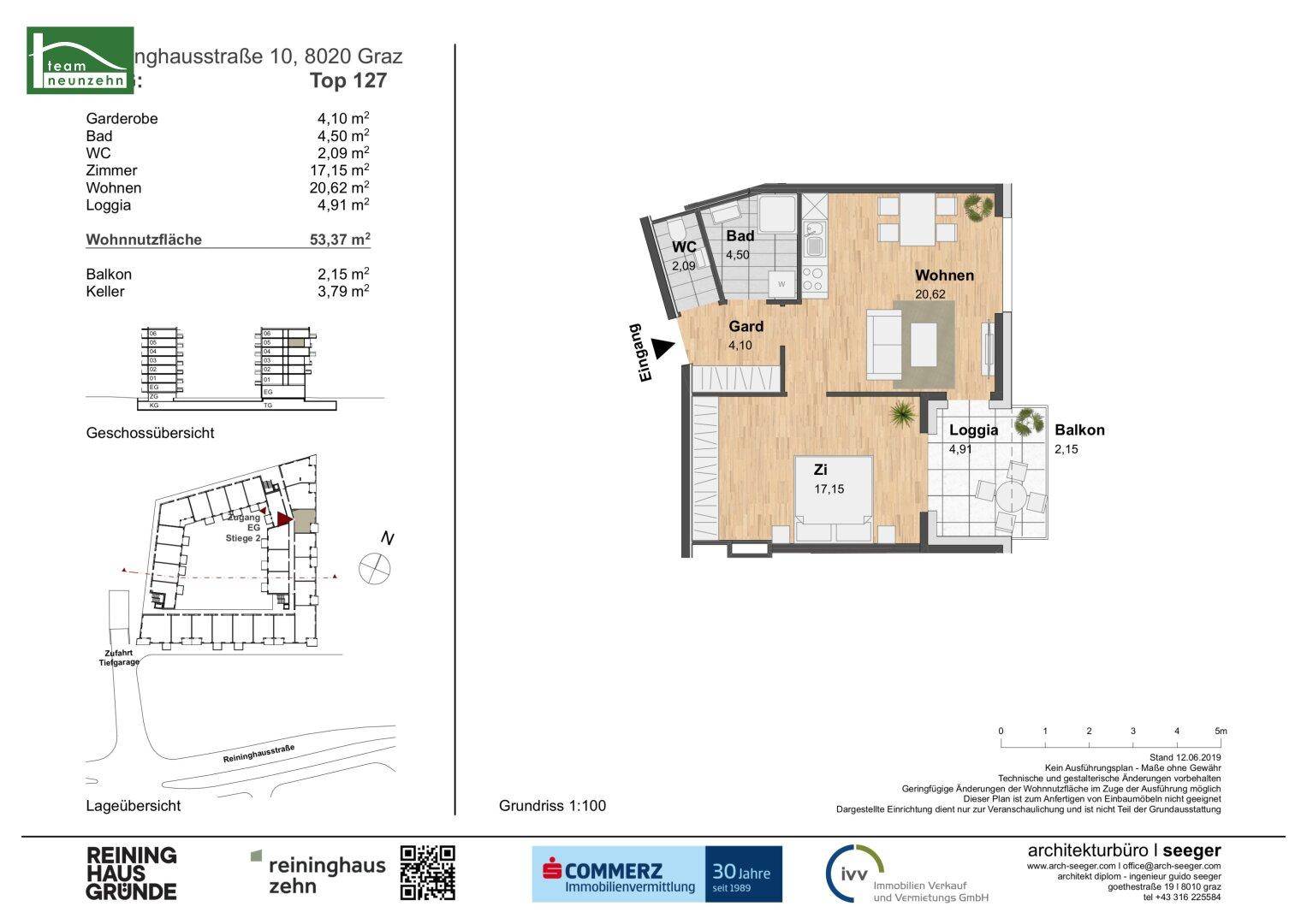 Detaillierter Grundriss der Wohnung Top 127 mit Raumaufteilung und Loggia.