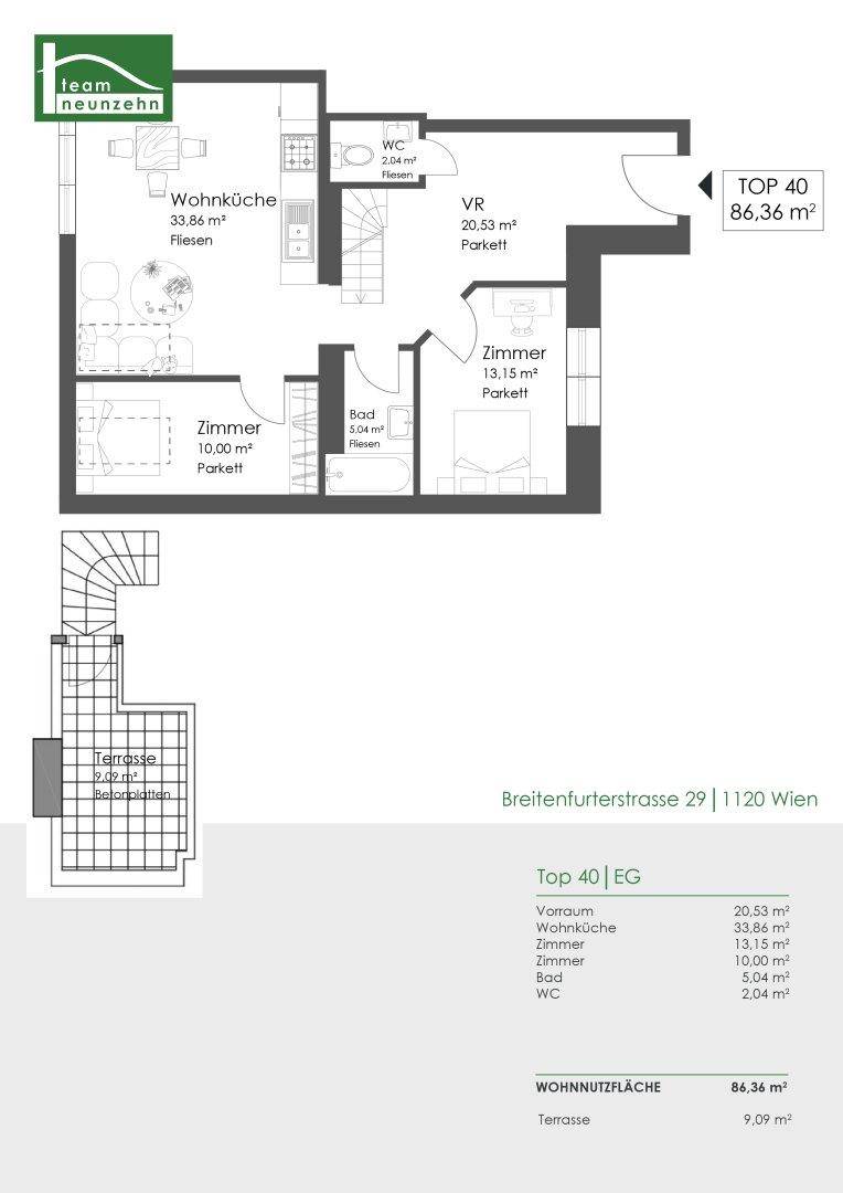 Grundriss der Wohnung Top 40 mit 86,36 m² Wohnfläche und Terrasse.