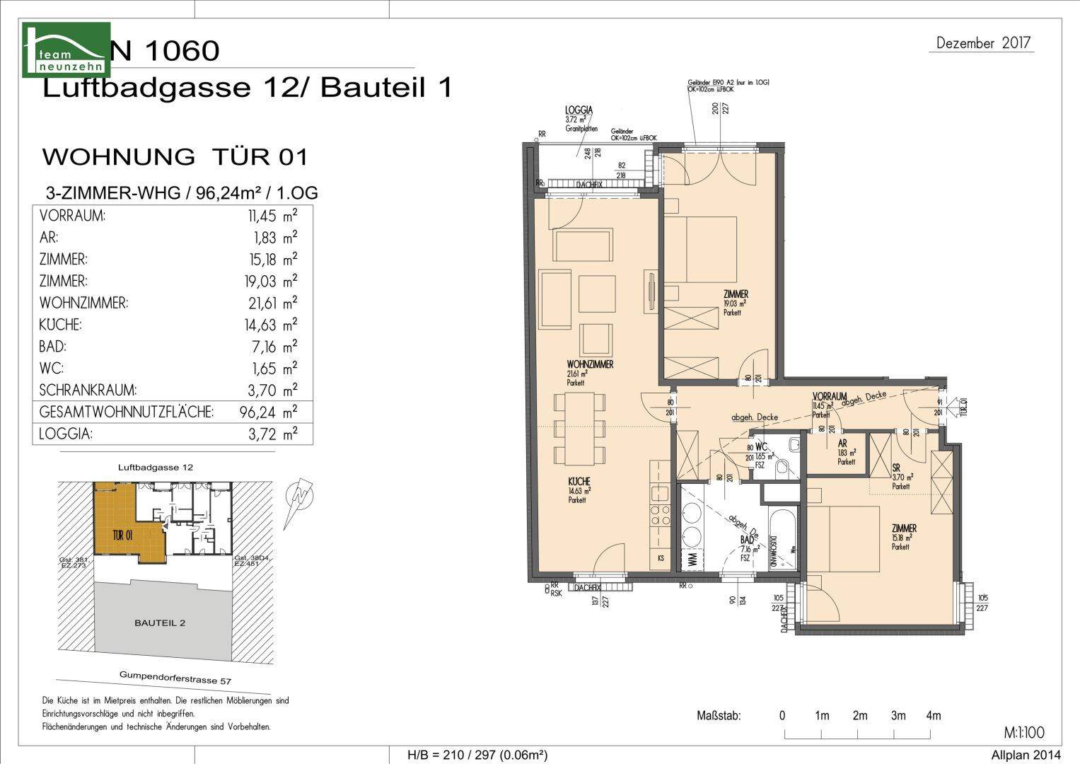Detaillierter Grundriss einer 3-Zimmer-Wohnung mit Loggia und klarer Raumaufteilung.
