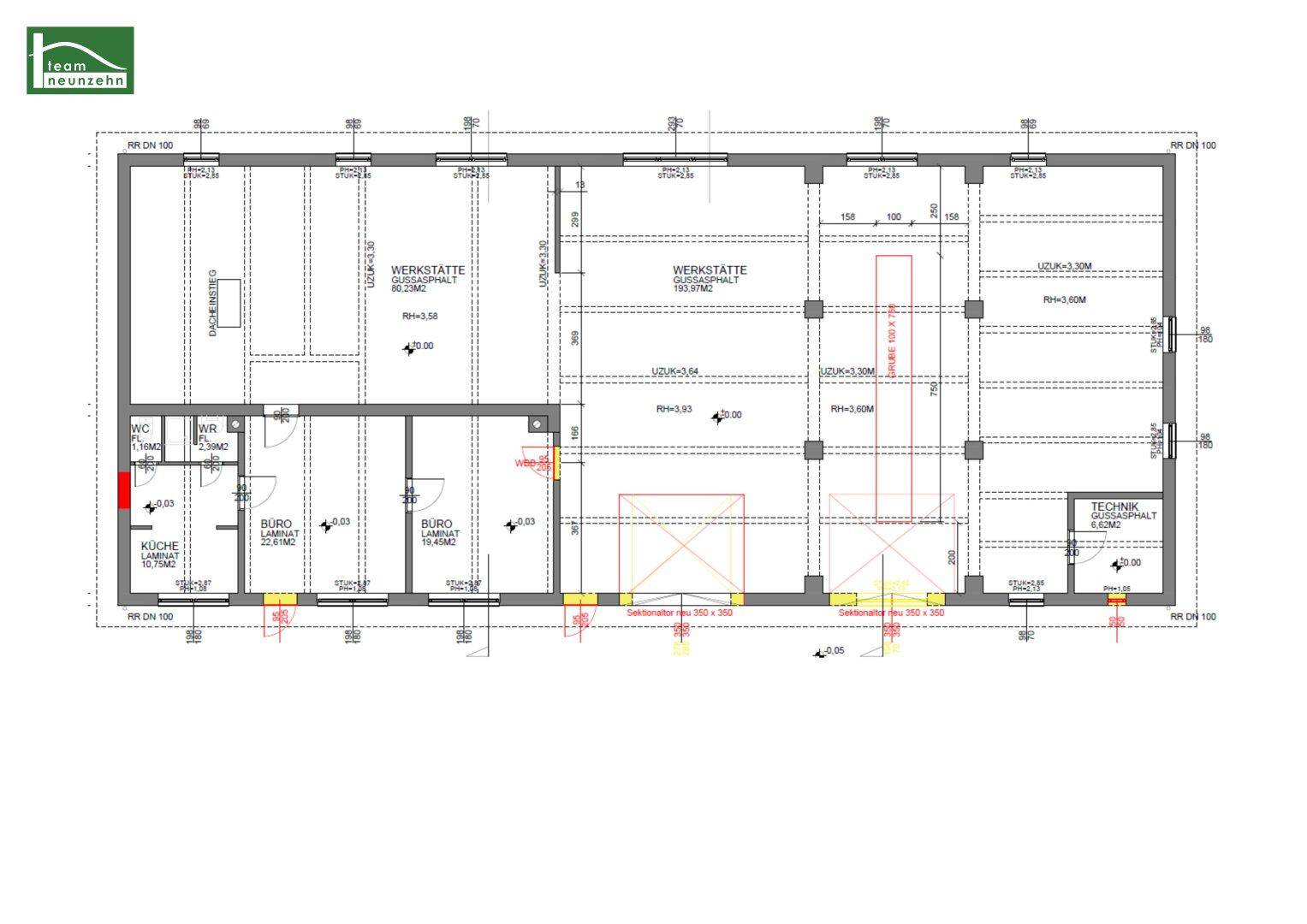 Grundrissplan eines Gewerbegebäudes mit Werkstätten, Büros, Küche und Sanitärbereichen.