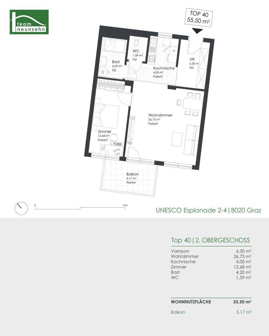 Grundriss einer modernen Wohnung im zweiten Obergeschoss mit offenem Wohnbereich, Kochnische, Schlafzimmer und Balkon.