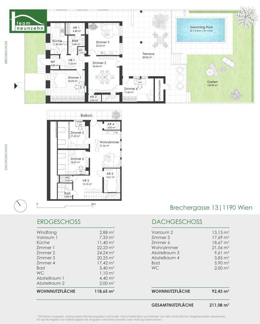 Detaillierter Grundriss des Erd- und Dachgeschosses mit Raumaufteilung, Pool und Gartenbereich.