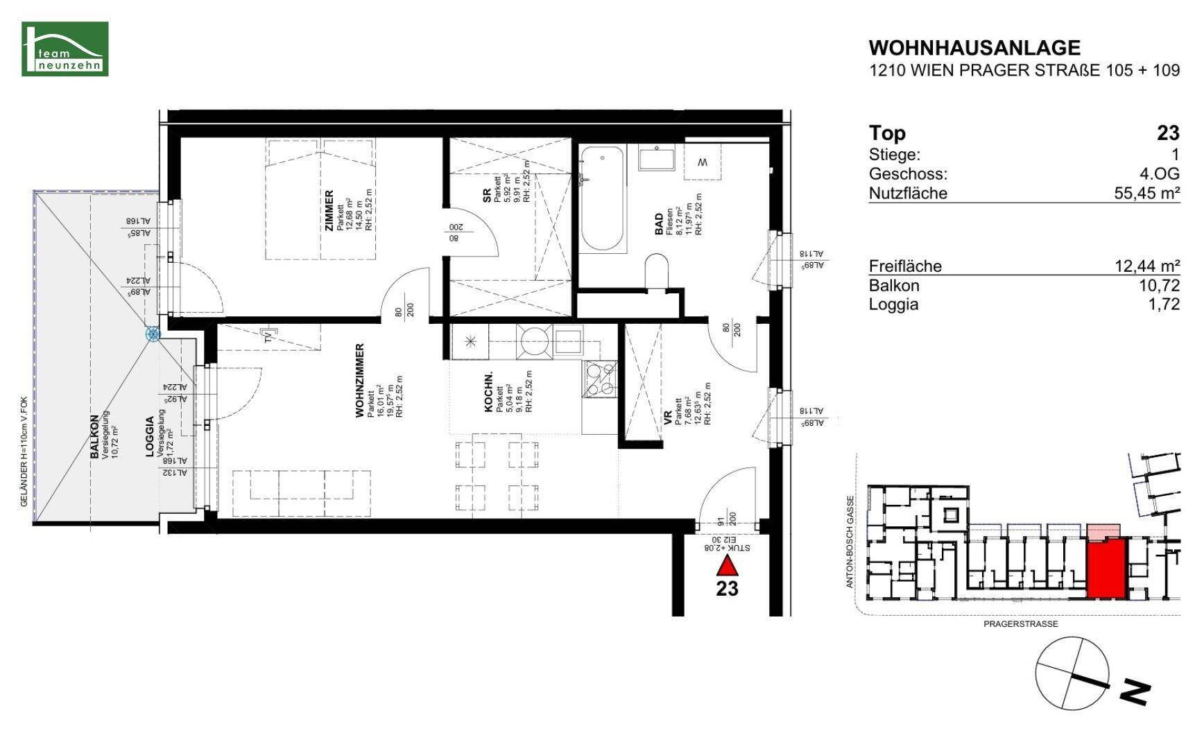 Grundriss der Wohnung mit Zimmeraufteilung, Balkon und Loggia.