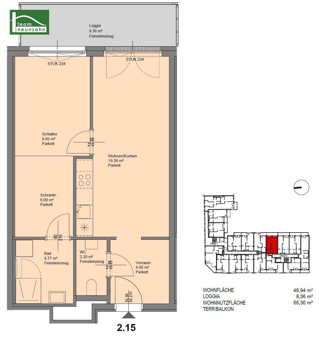 Grundriss einer Wohnung mit Loggia, Schlafzimmer und offenem Wohn-/Kochbereich.