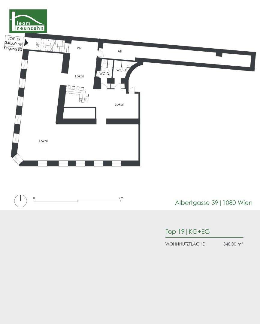 Grundriss des Erdgeschosses und Kellergeschosses mit mehreren Lokalen und Sanitärbereichen.