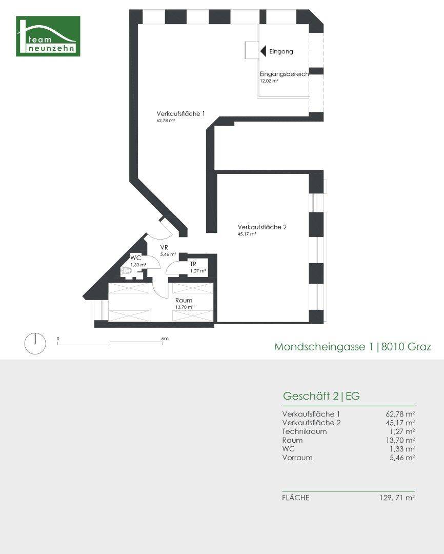 Grundriss eines Geschäfts im Erdgeschoss mit zwei Verkaufsflächen, Eingangsbereich, WC und Technikraum.