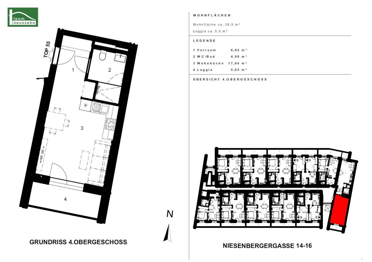 Grundriss der Wohnung TOP 55 im 4. Obergeschoss mit Loggia und Gesamtübersicht des Stockwerks.