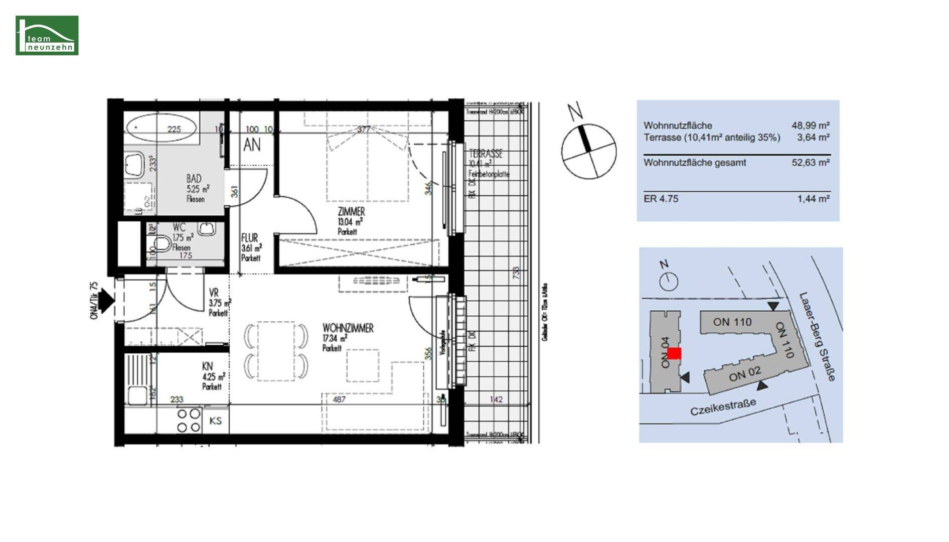 Detaillierter Grundriss einer Wohnung mit Wohnzimmer, Schlafzimmer und Terrasse.