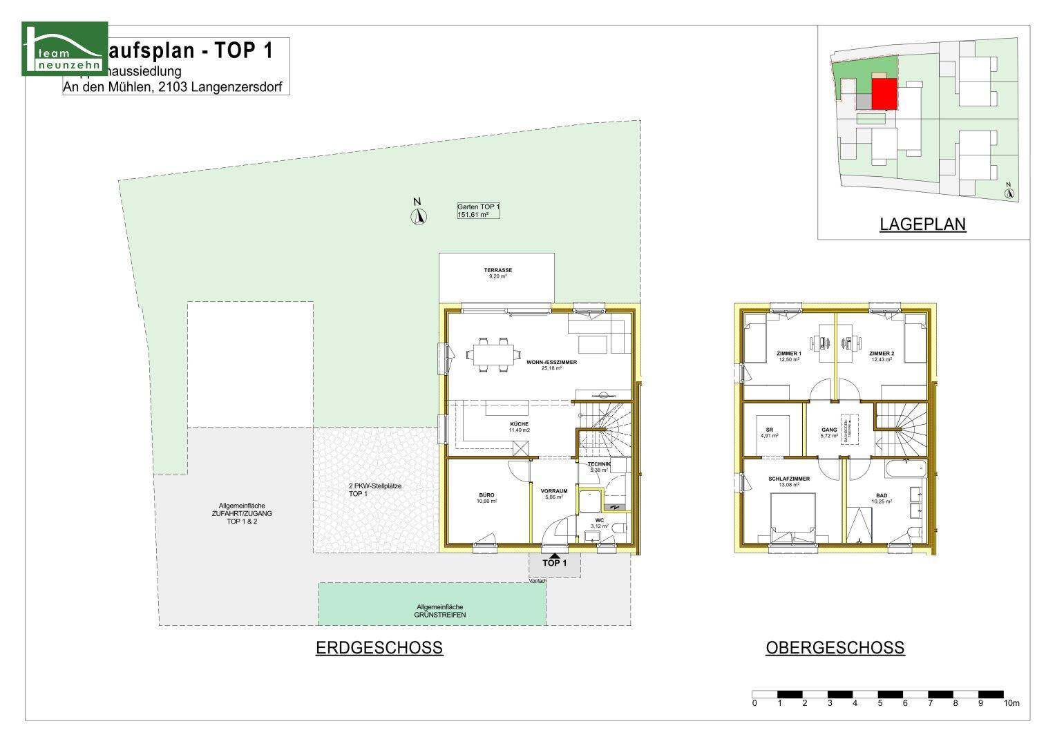 Grundriss des Erdgeschosses und Obergeschosses mit Terrasse und Gartenbereich.