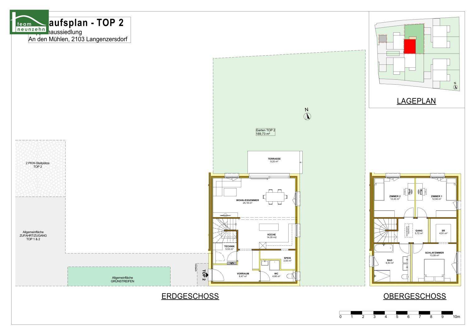 Detaillierter Grundriss des Erd- und Obergeschosses mit Garten und Terrasse.