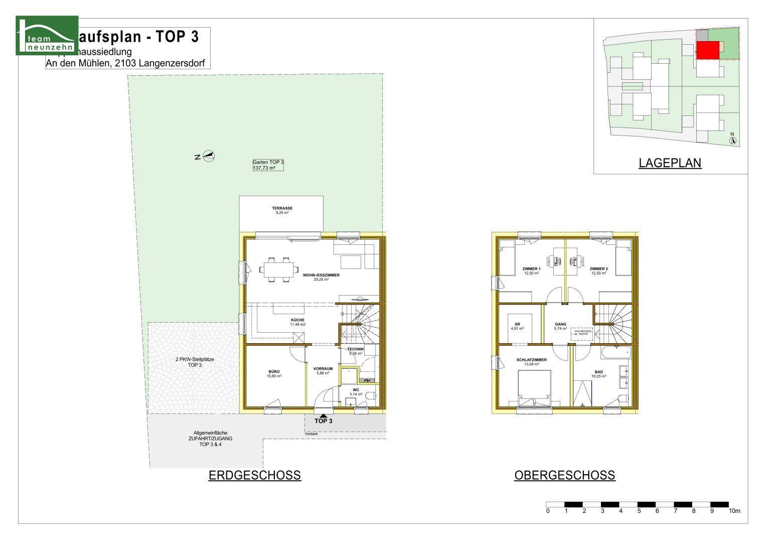 Grundriss von TOP 3 mit Erdgeschoss und Obergeschoss, inklusive Garten und Terrasse.