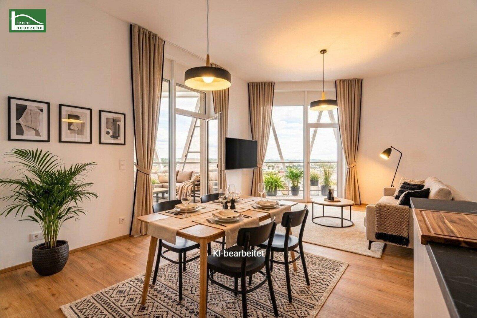 Offener Wohn- und Essbereich mit modernem Esstisch, bequemer Sitzecke und Zugang zum Balkon.