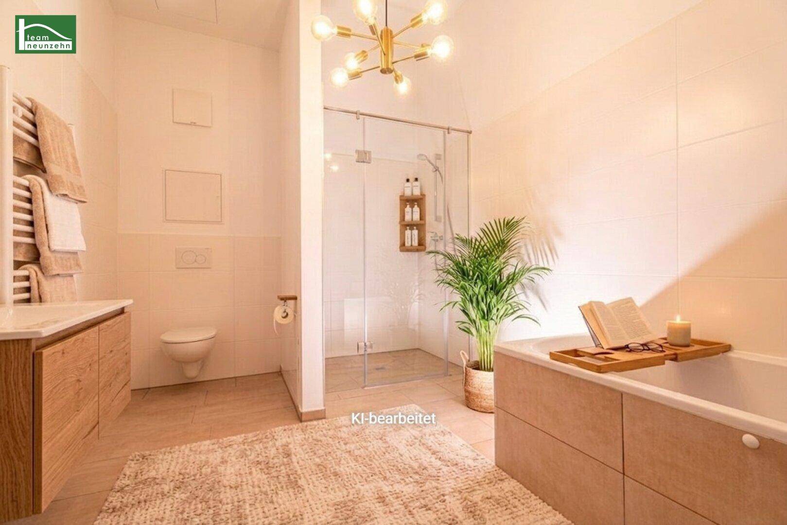Modernes Badezimmer mit begehbarer Dusche, Badewanne, Holzwaschtisch und Wand-WC.