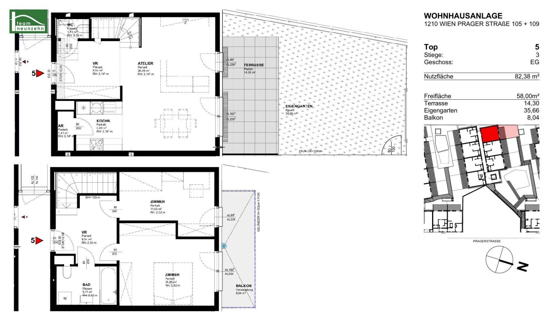 Grundrisspläne für zwei Ebenen einer Wohneinheit mit Terrasse, Garten und Balkon.