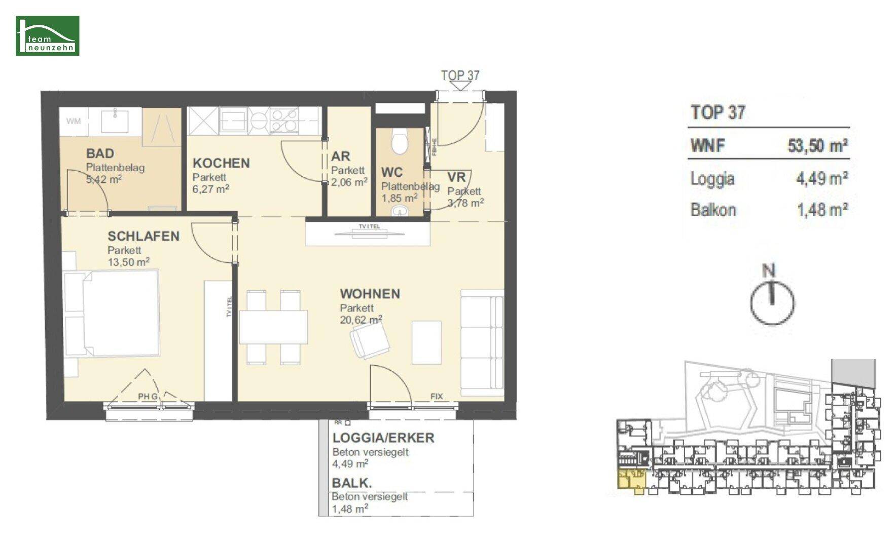 Grundriss einer Wohnung mit einem Schlafzimmer, offenem Wohnbereich, Loggia und Balkon.