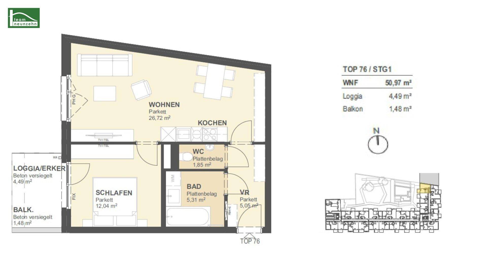 Grundriss einer Wohnung mit einem Schlafzimmer, offenem Wohn-Kochbereich, Loggia und Balkon.