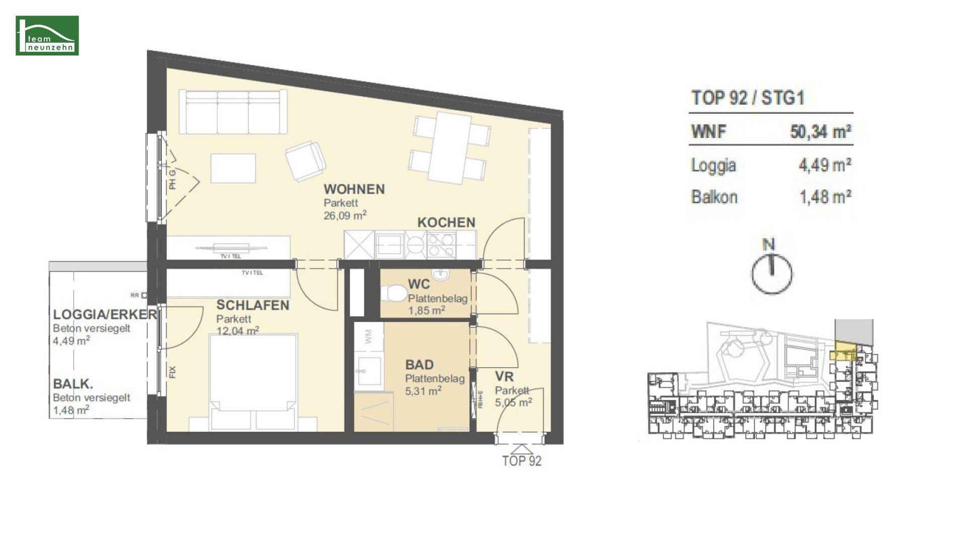 Grundriss einer Wohnung mit einem Schlafzimmer, offenem Wohn-Kochbereich, Loggia und Balkon.