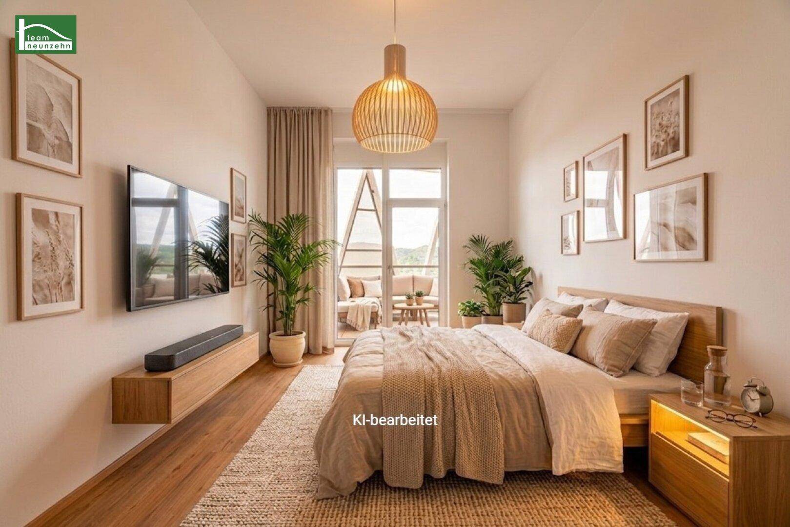 Helles Schlafzimmer mit Holzboden, modernem Bett, TV und Zugang zu einem Balkon oder einer Terrasse.