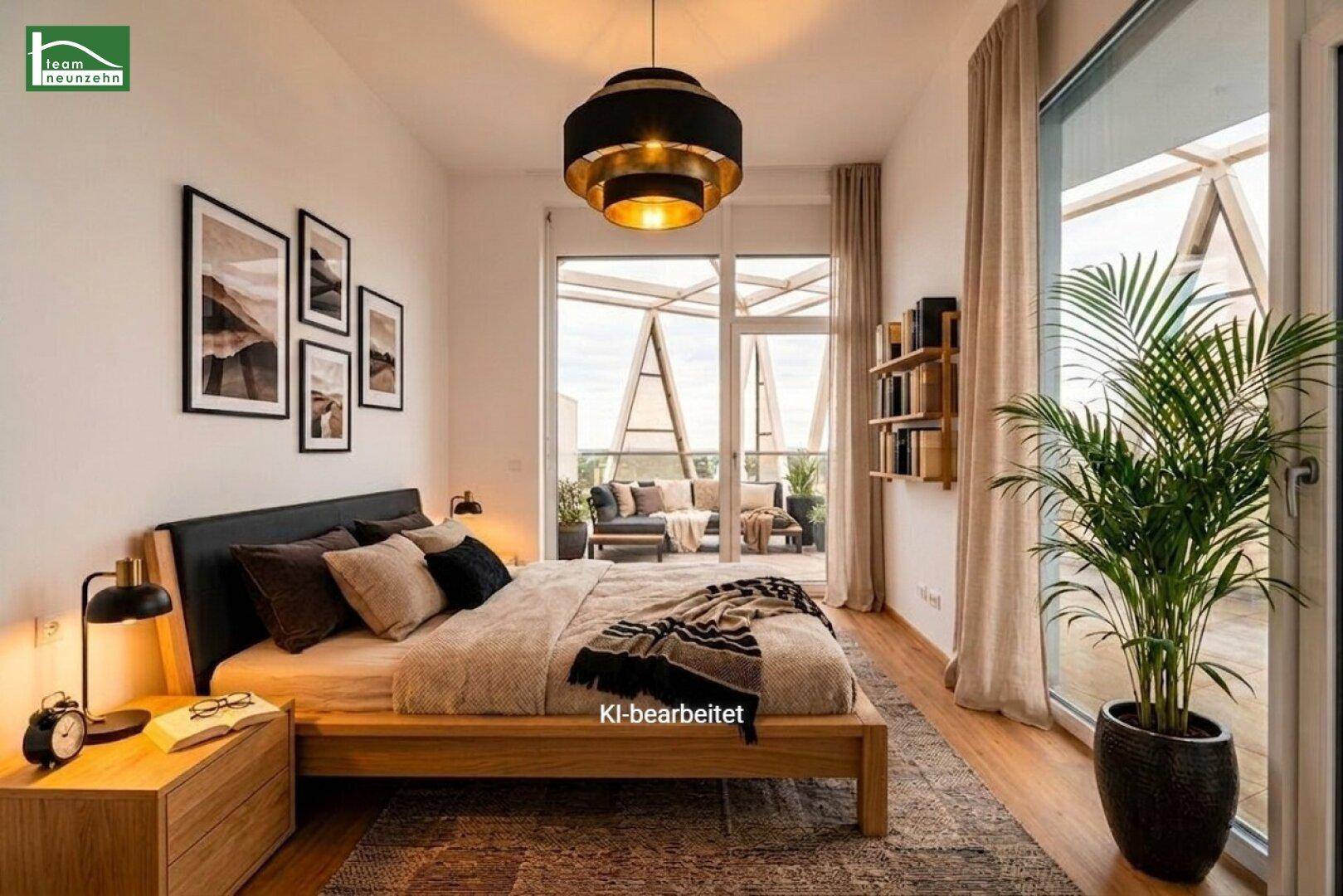 Helles Schlafzimmer mit Holzbett, Parkettboden und direktem Zugang zur Terrasse.