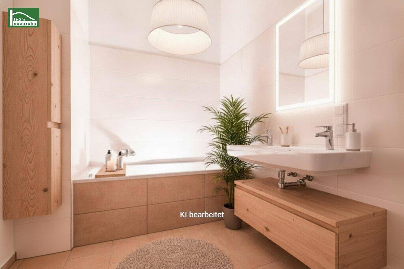 Modernes Badezimmer mit Badewanne, Doppelwaschbecken und Holzmöbeln.