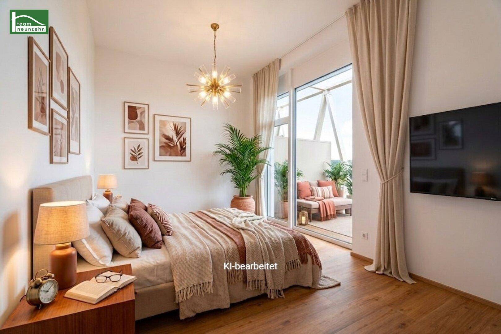 Helles Schlafzimmer mit Holzboden, direktem Zugang zum Balkon und moderner Einrichtung.