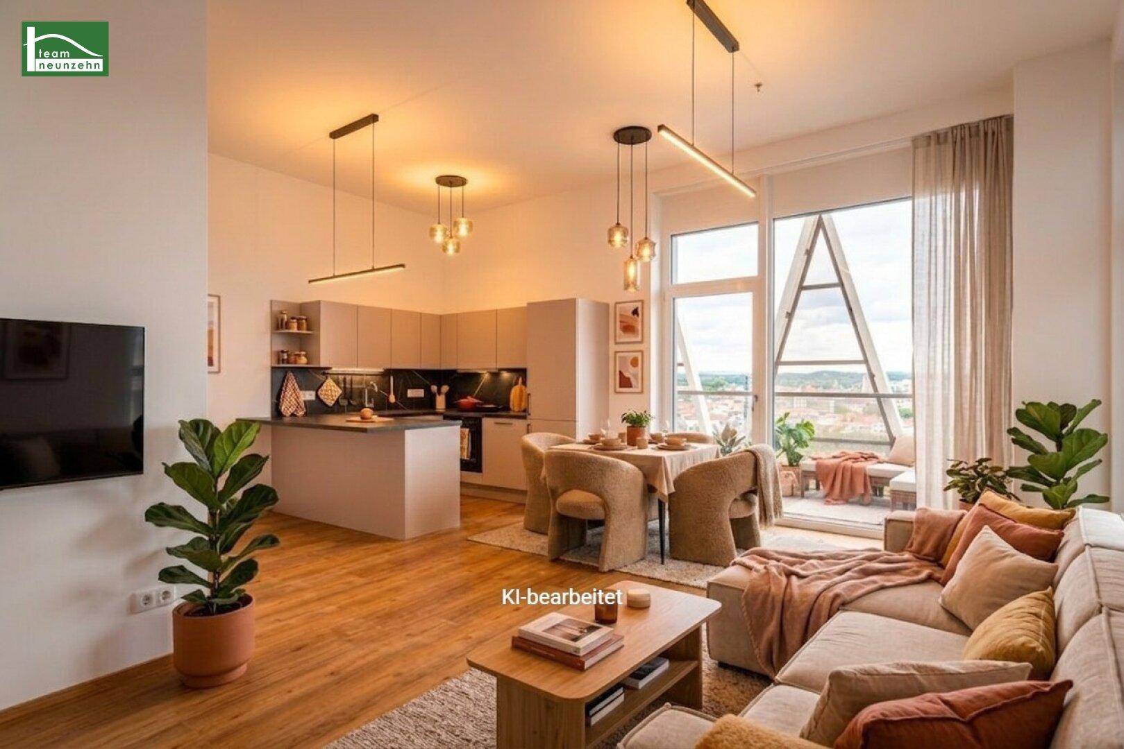 Offener Wohn-Essbereich mit integrierter Küche, Holzboden und Zugang zu einer Terrasse.