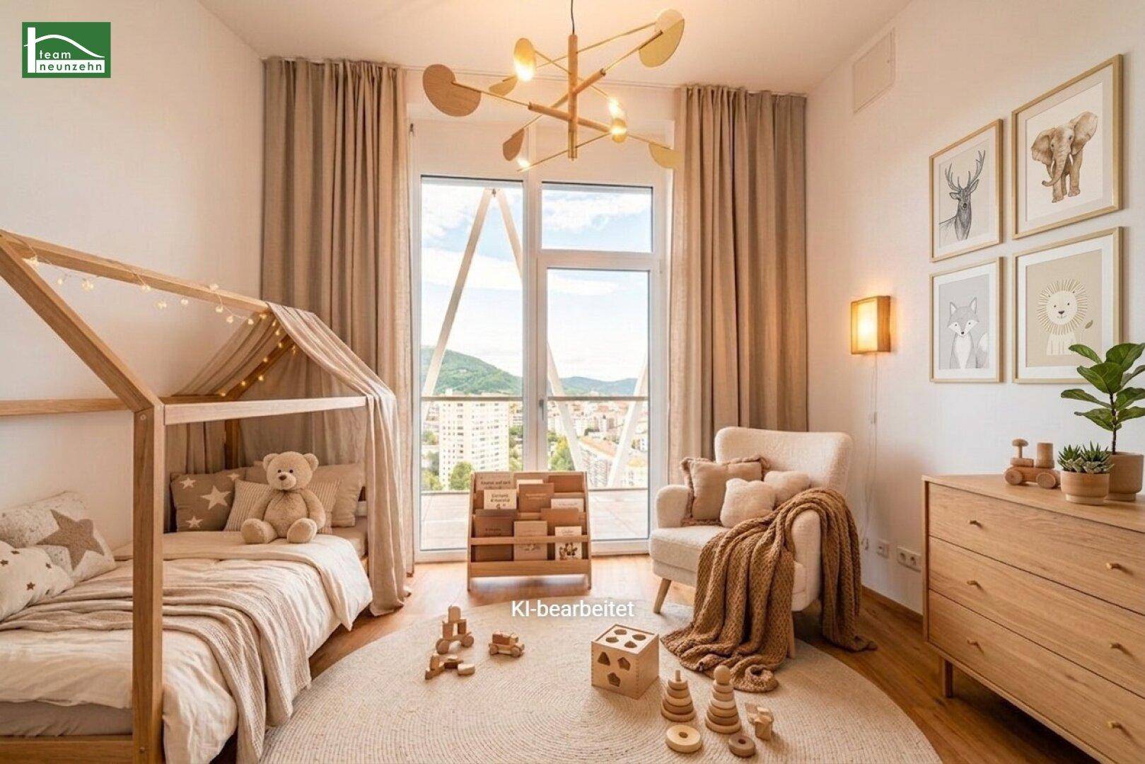 Helles Kinderzimmer mit Holzbett, gemütlicher Einrichtung und weitem Blick ins Grüne.
