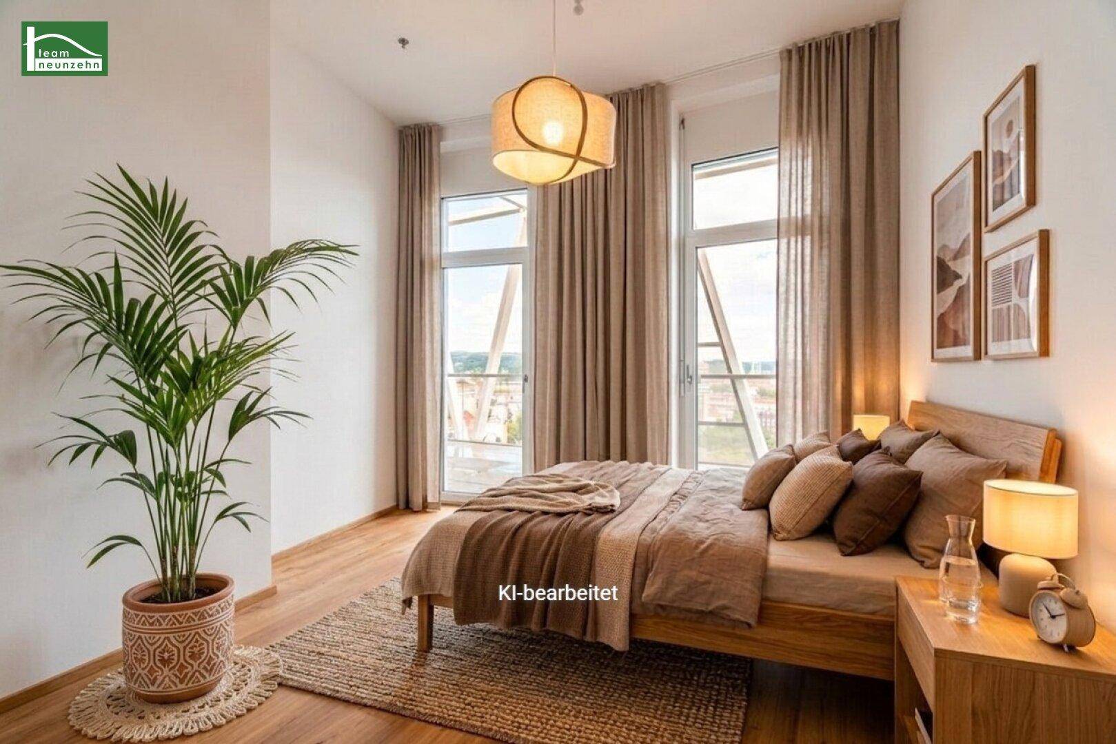 Gemütliches Schlafzimmer mit Holzbett, großen Fenstern und Blick auf die umliegende Landschaft.