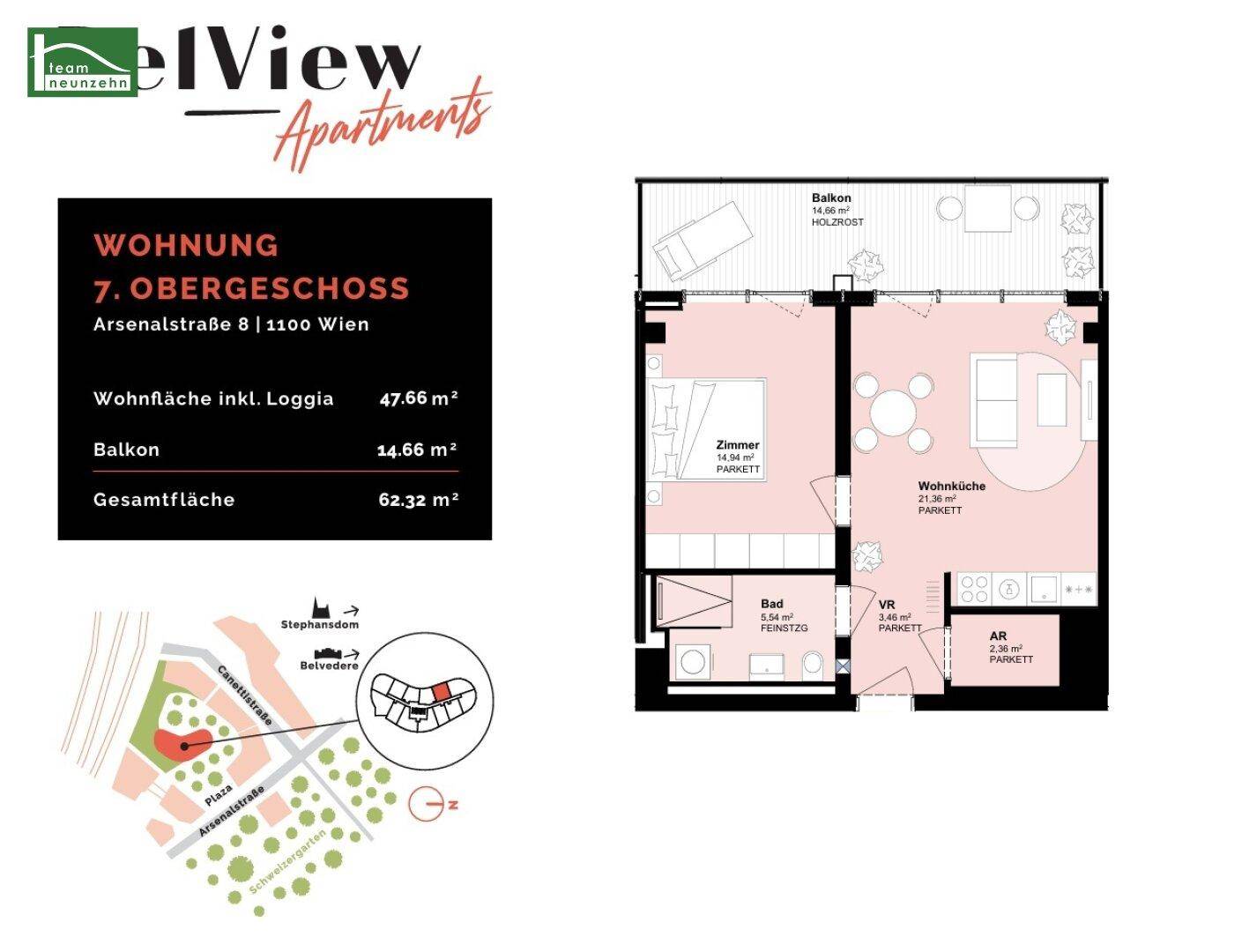 Grundriss der Wohnung im 7. Obergeschoss mit Wohnküche, Zimmer und Bad.
