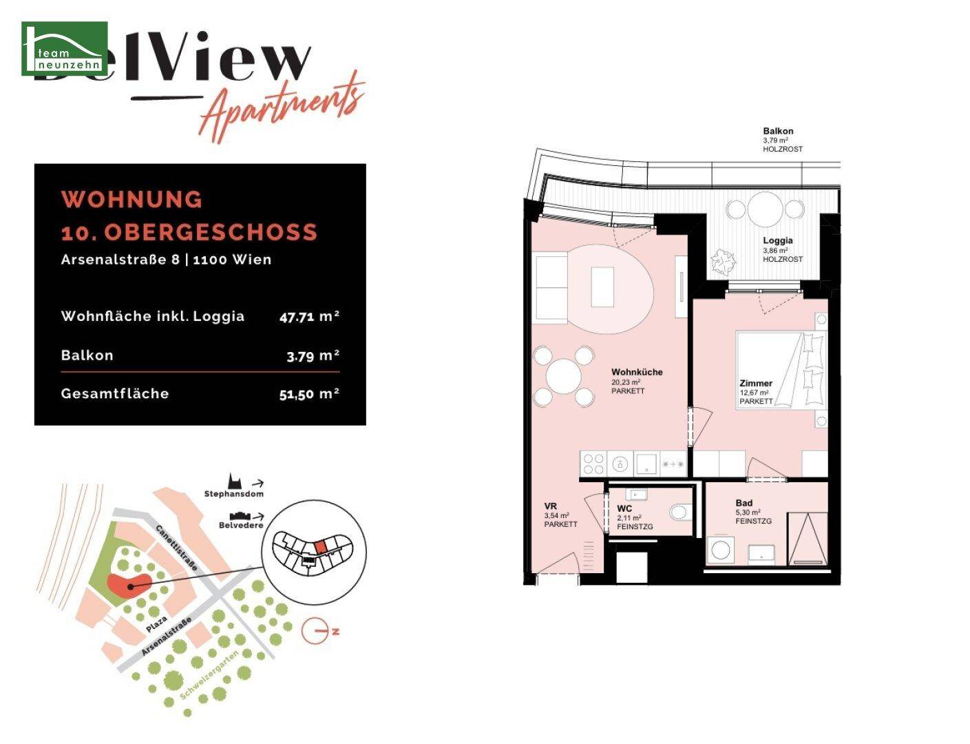 Grundriss einer Wohnung im 10. Obergeschoss mit offener Wohnküche, Schlafzimmer, Loggia und Balkon.