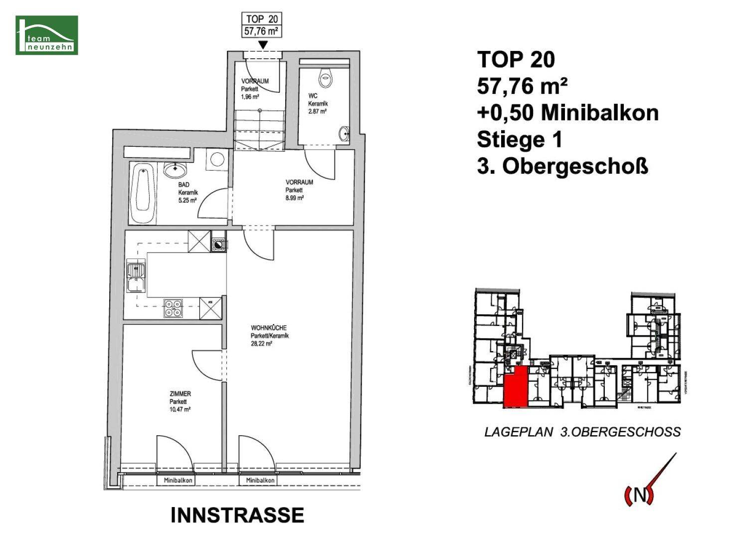 Grundriss der Wohnung TOP 20 mit 57,76 m² Wohnfläche und kleinem Minibalkon.