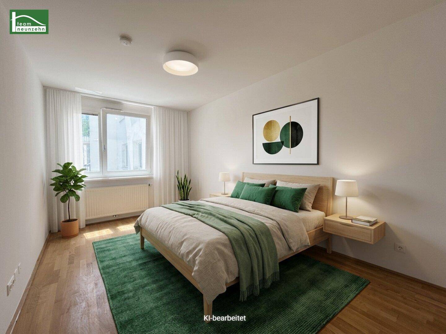 Modern eingerichtetes Schlafzimmer mit Holzbett, Teppich und natürlichem Lichteinfall.