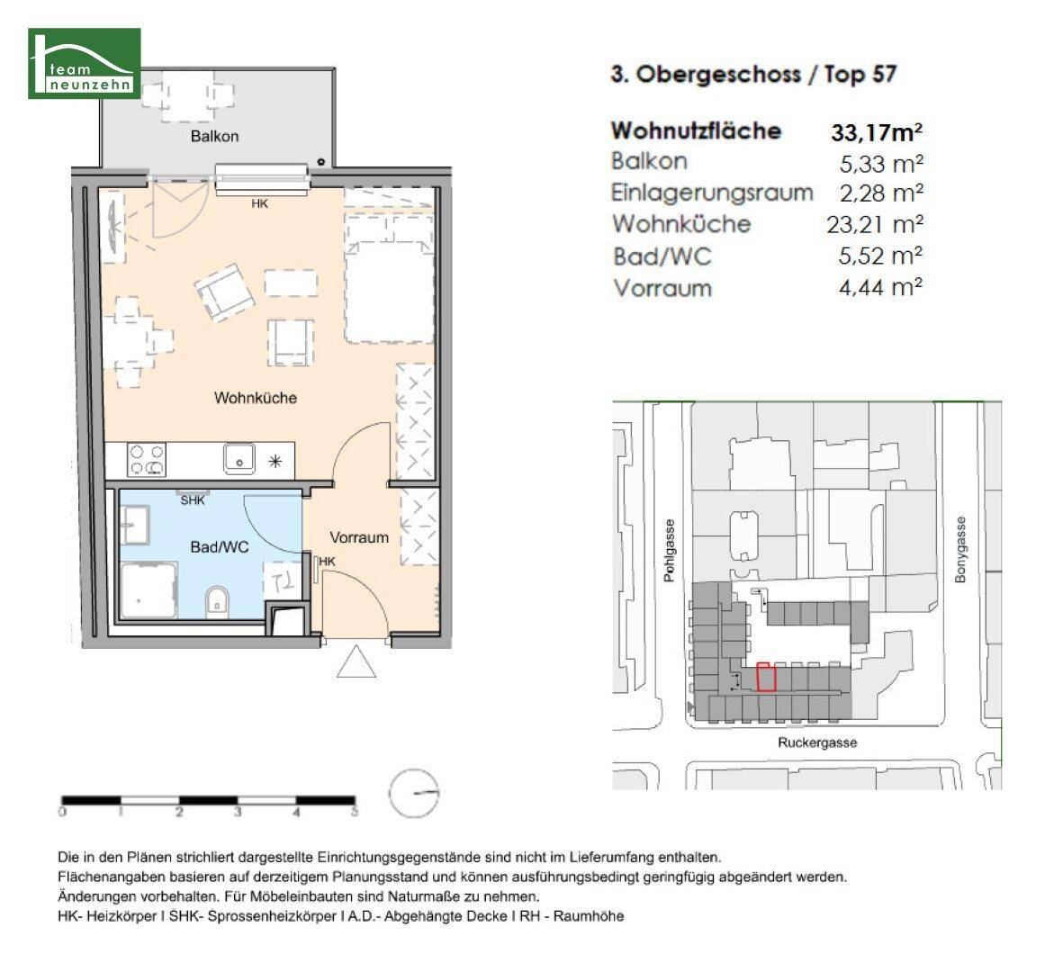 Grundriss der Wohnung im dritten Obergeschoss mit Wohnküche, Bad und Balkon.