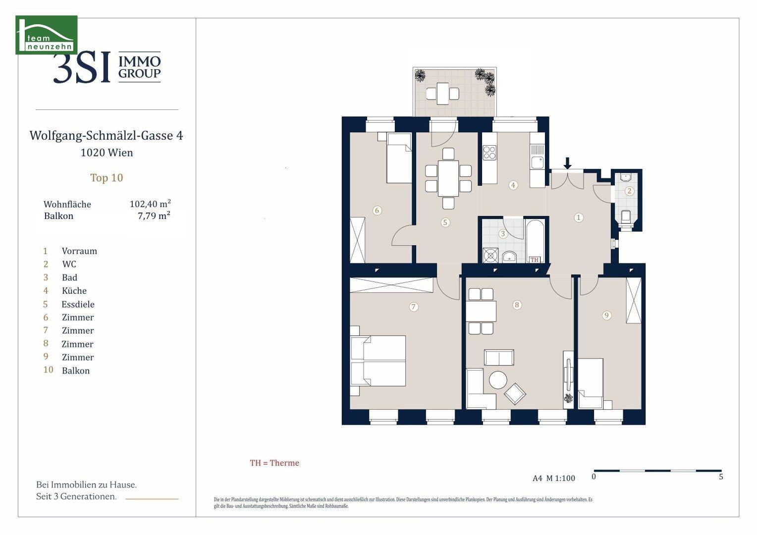 Grundrissplan einer Wohnung mit offenem Wohnbereich, separatem WC, Bad mit Badewanne und Balkon.